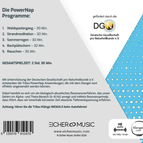 Back cover: German PowerNap programme with five 30‑minute sessions and total duration 2 Std. 30 Min.; sponsor logos (DGN) and Eicher Music; barcode and blue dotted graphic panel.