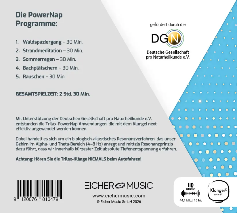 Back cover: German PowerNap programme with five 30‑minute sessions and total duration 2 Std. 30 Min.; sponsor logos (DGN) and Eicher Music; barcode and blue dotted graphic panel.