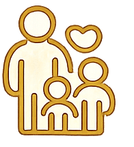 Family icon with two children and a heart, symbolizing love and togetherness, on a warm background.