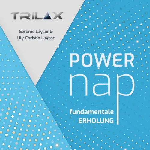 Book cover titled 'POWER nap' with authors Gerome Laysor & Uly-Christin Laysor, featuring a white triangular shape, Trilax logo, and a blue dotted background.
