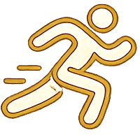 Stylized figure running, suggesting speed or quick action on an orange background