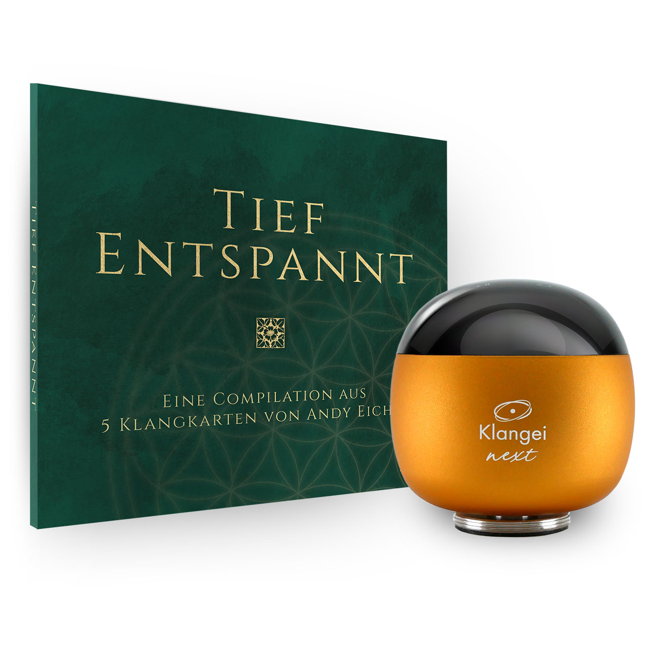 Green hardcover book titled 'Tief Entspannt' placed next to an orange Klangei Next device, suggesting a bundled product