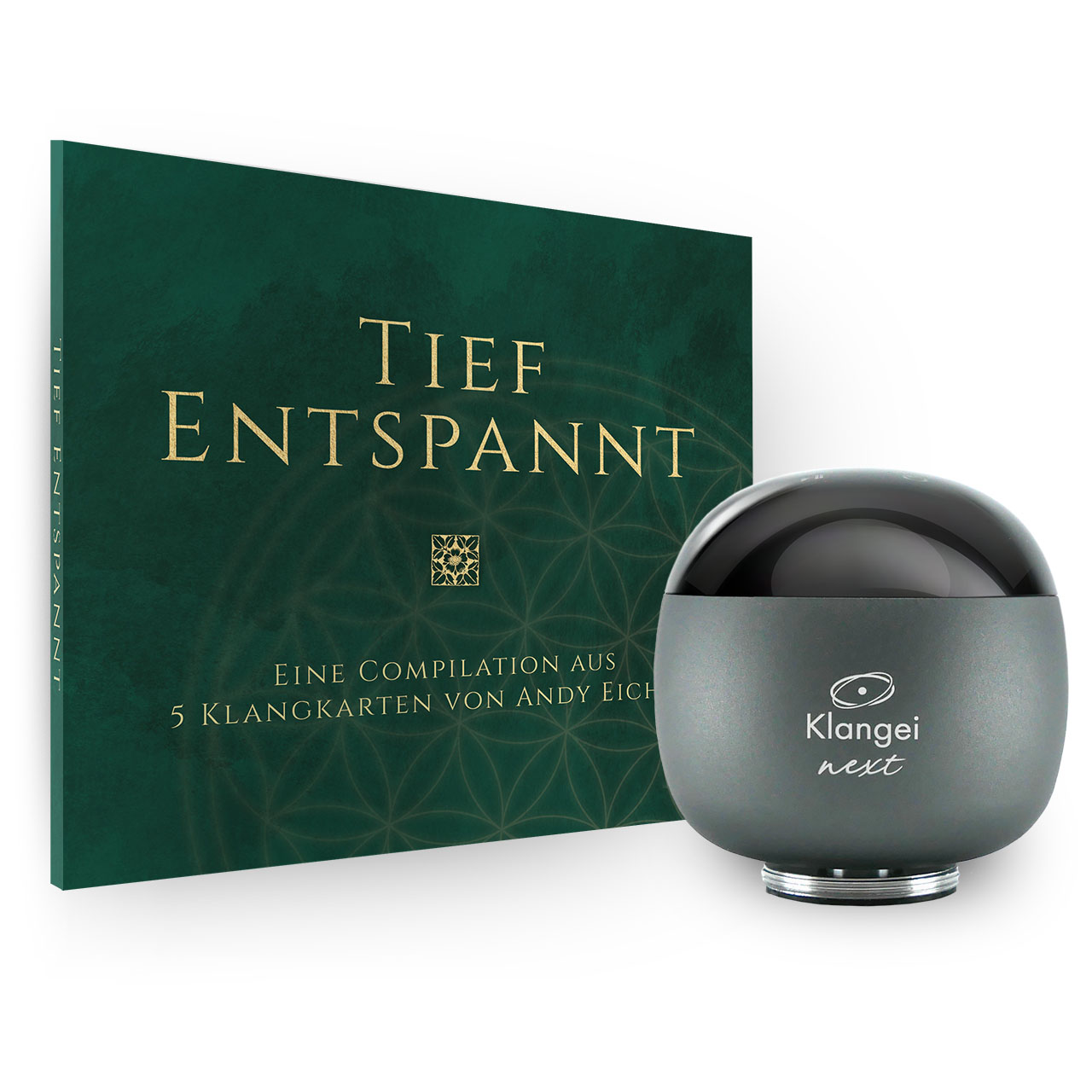 Green album cover titled 'Tief Entspannt' beside a gray pebble-shaped speaker labeled 'Klangei next' — a relaxation music bundle.