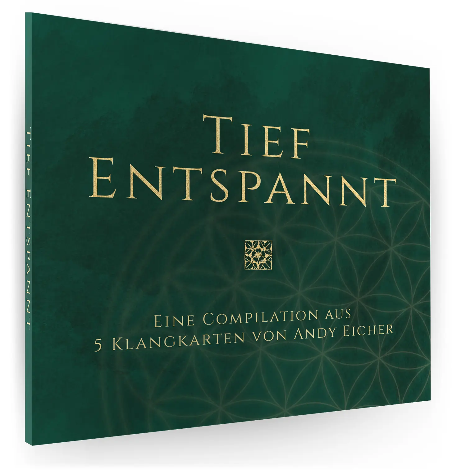 Green book cover with gold title 'TIEF ENTSPANNT' and subtle geometric pattern, small gold emblem below the title.