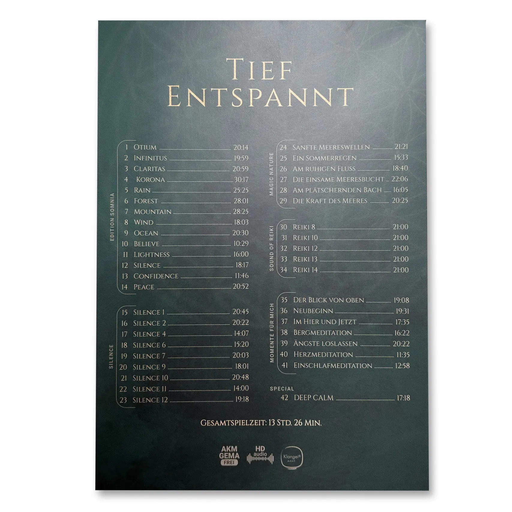 Album cover titled 'Tief Entspannt' with a two-column track list on a dark green background