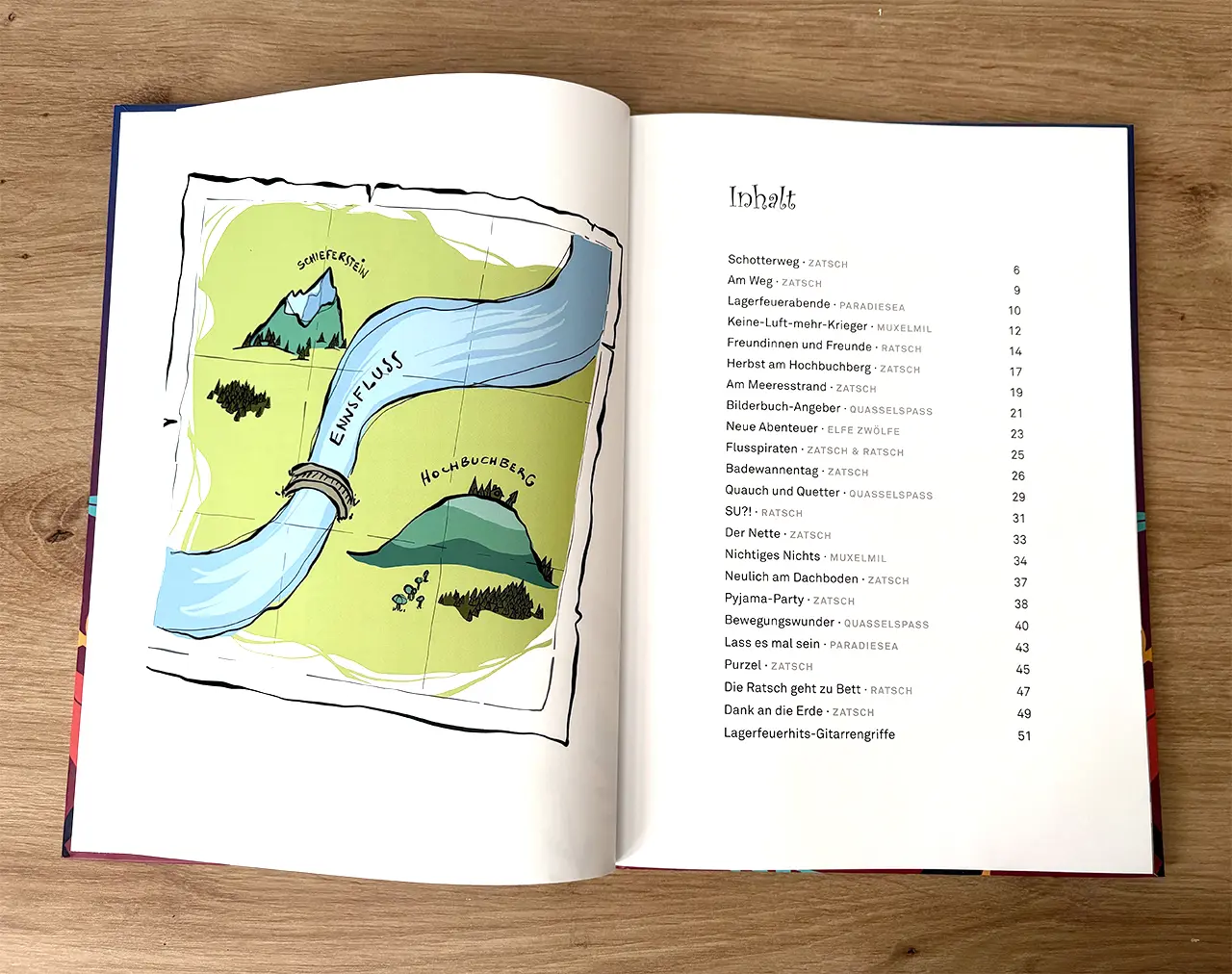 Open book showing a bright illustrated map on the left page and a table of contents on the right page labeled Inhalt, in German.