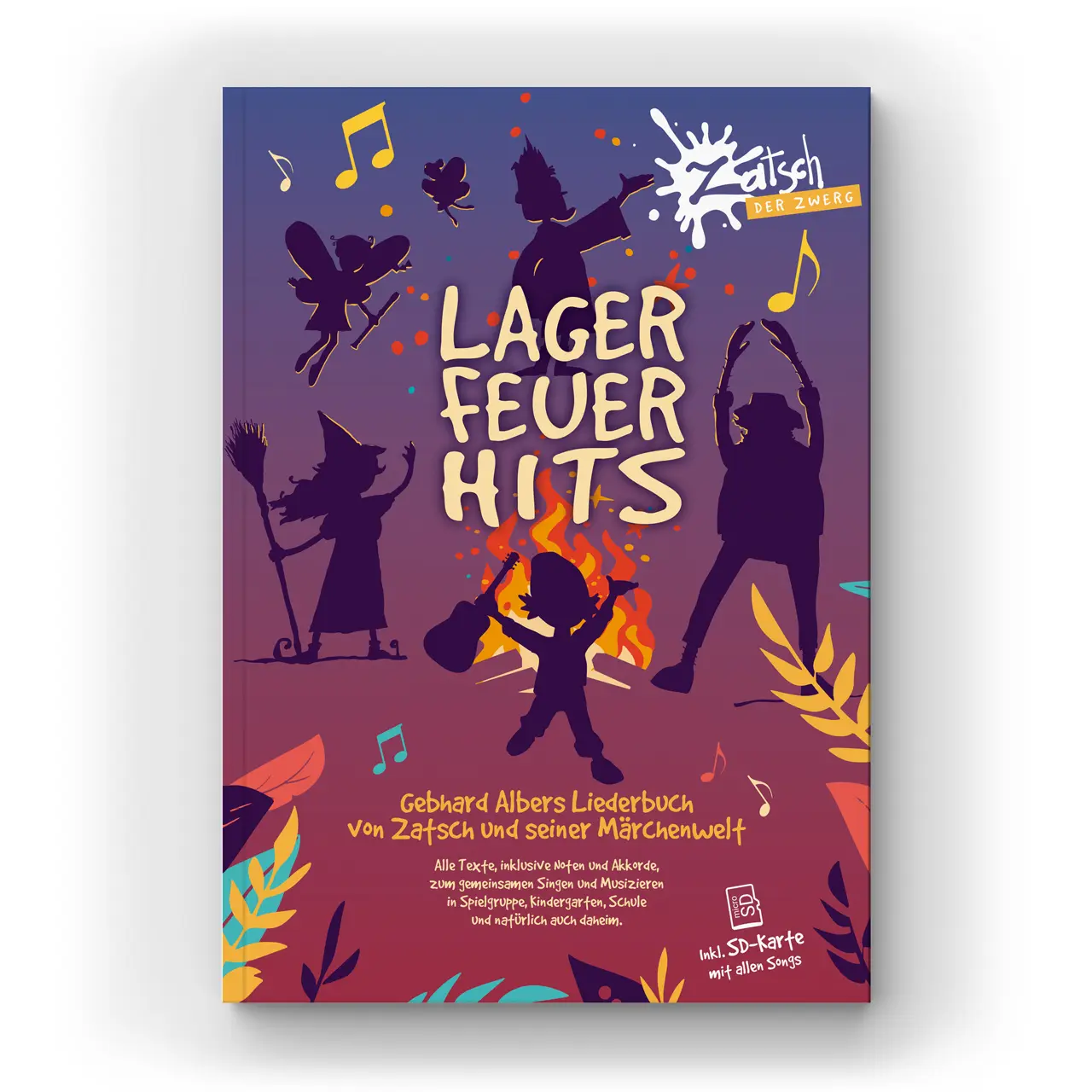 Book cover: 'Lagerfeuerhits' with silhouette campers around a campfire, colorful background and music notes.