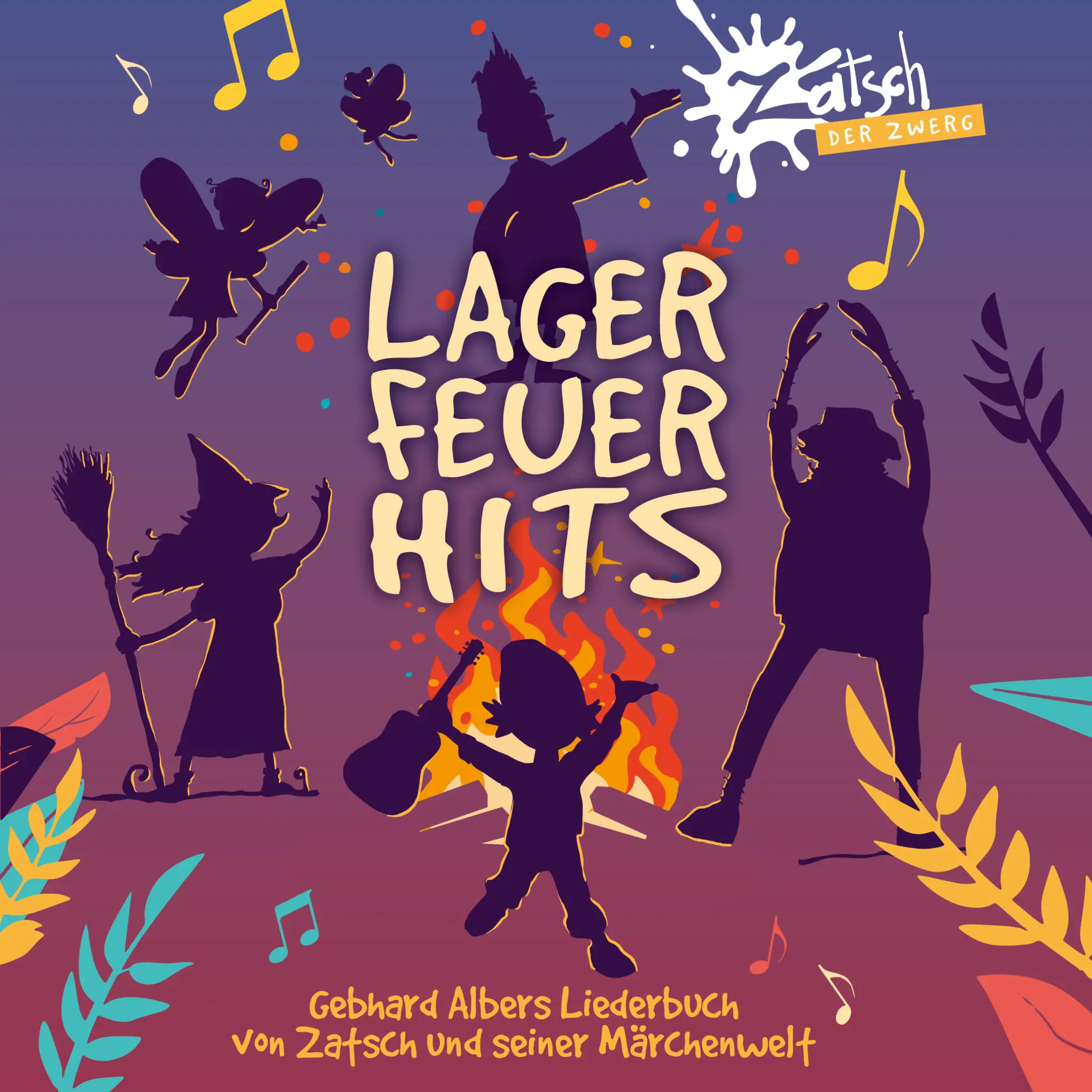 Silhouetted dancers around a bonfire with colorful music notes and bold German title text in purple answers a festive poster vibe.