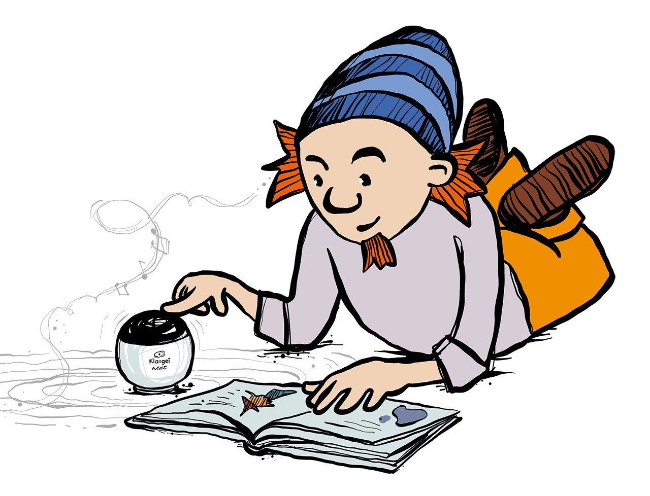 Child with a blue striped headscarf reads an open book, examining the illustrations with a magnifying glass nearby.