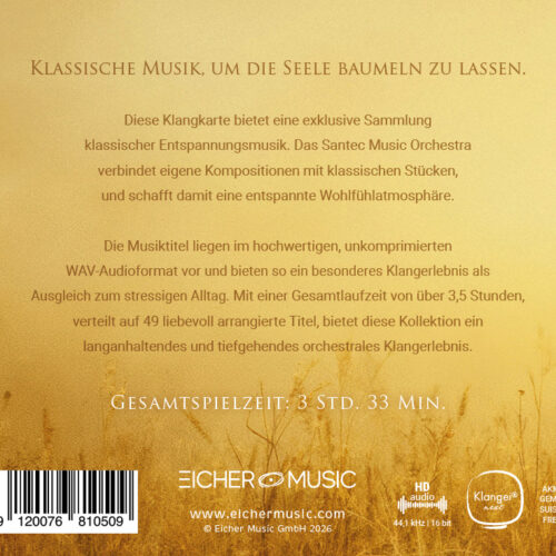 Rückseite einer goldenen CD-Verpackung mit Text über eine Sammlung klassischer Entspannungsmusik und Gesamtdauer 3 Std. 33 Min., Barcode unten links.