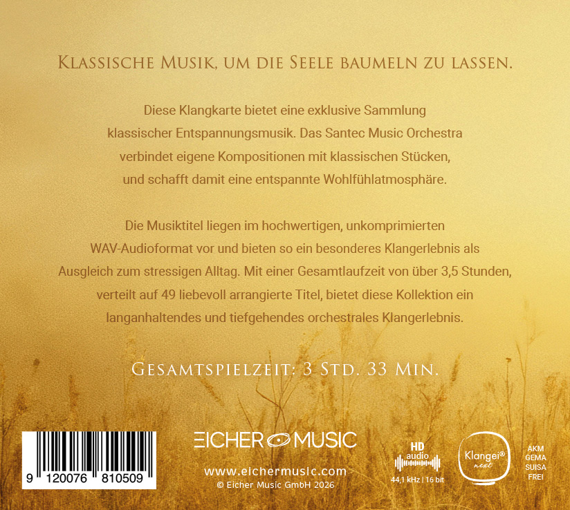 Rückseite einer goldenen CD-Verpackung mit Text über eine Sammlung klassischer Entspannungsmusik und Gesamtdauer 3 Std. 33 Min., Barcode unten links.