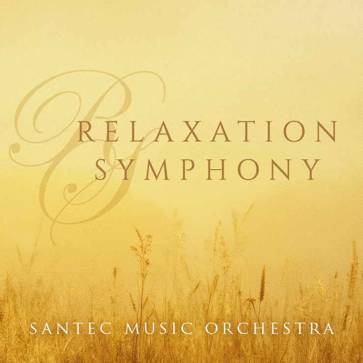 Album cover: 'Relaxation Symphony' by Santec Music Orchestra on a warm yellow field with tall grasses in the foreground.