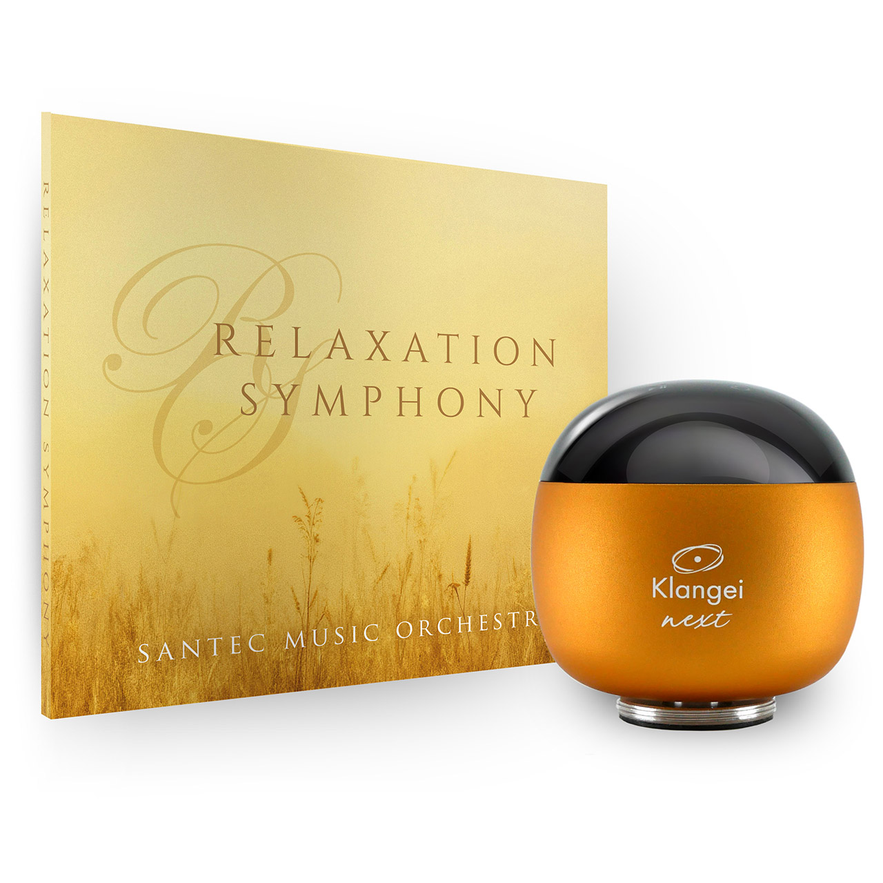 Golden album cover reading 'Relaxation Symphony' by Santec Music Orchestra beside an orange and black Klangei Next device, on a white background.