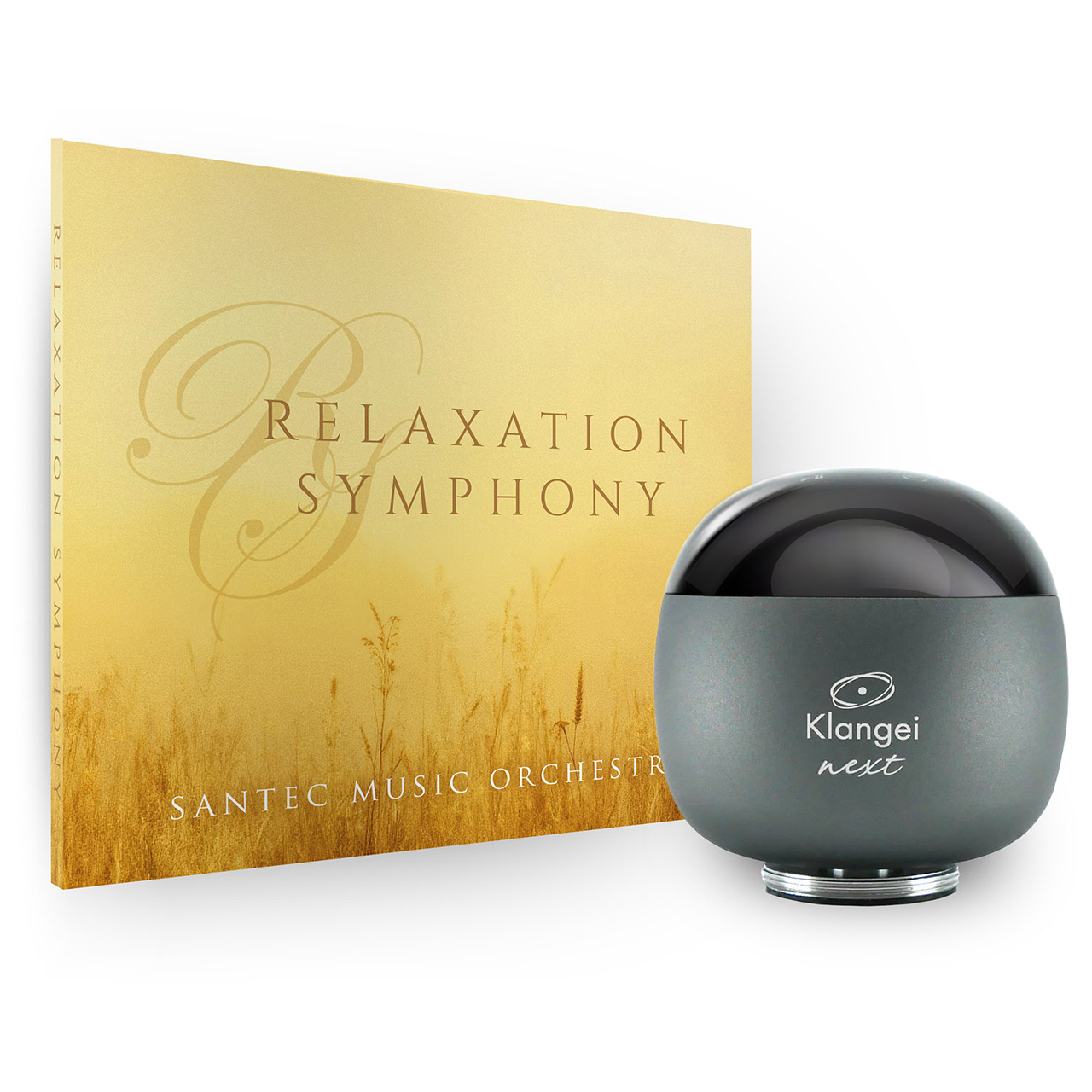 Golden album cover reading 'Relaxation Symphony' by Santec Music Orchestra, shown with a gray Klangei Next device beside it.