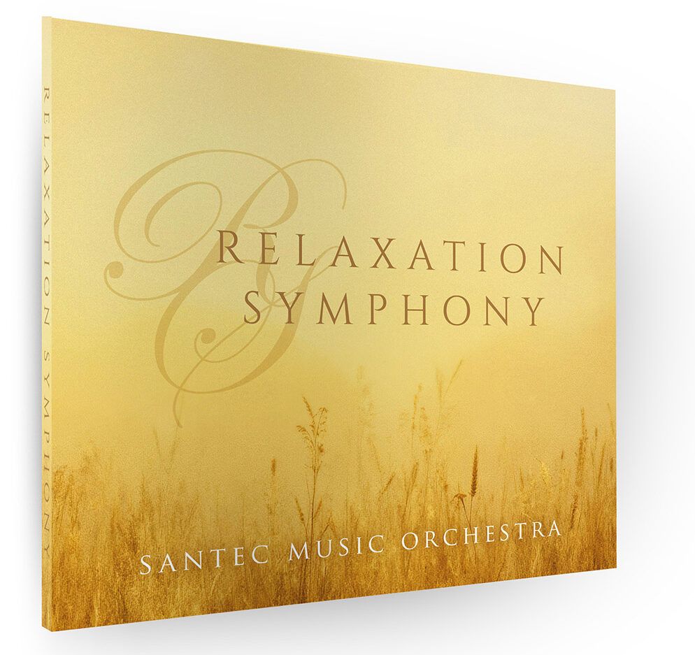 Album cover in warm gold tones reading 'Relaxation Symphony' by Santec Music Orchestra, with a wheat field at the bottom.