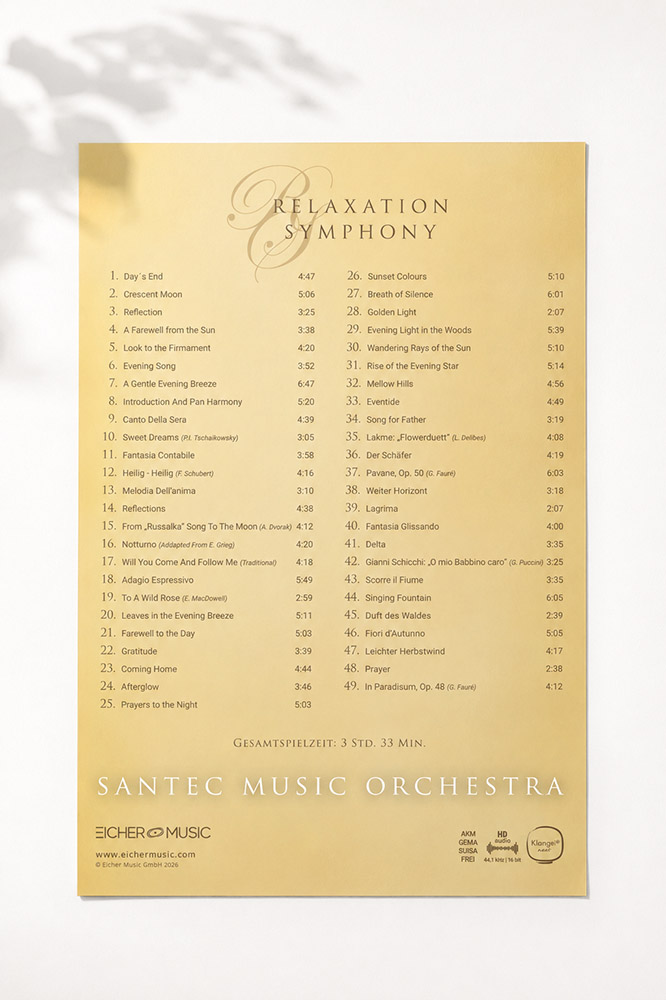Poster advertising Relaxation Symphony by Santec Music Orchestra, with a long track list and the duo-tone gold design in a program-style layout.